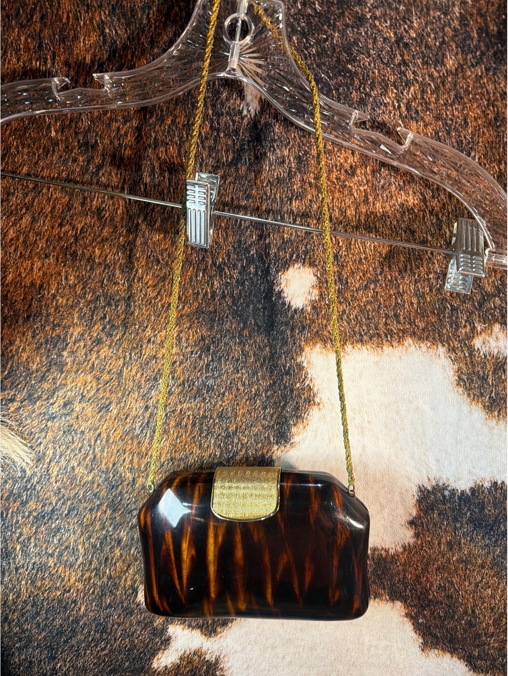 Imaginex Italy Vintage Tortoiseshell Hard Case Clutch with Gold Chain